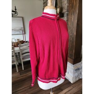 Y2K Mountain Lake Ribbed Zip Up Sweater Red White Blue Trim Size XL Cotton